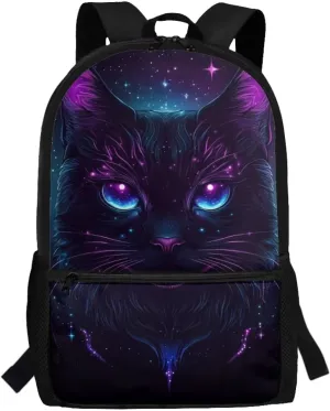 Cat Backpack for School Teens Girls Starry Sky School Bags with Front Pocket 17 Inch Travel Knapsack with Dual Zipper Girls Personalized Back Pack for School