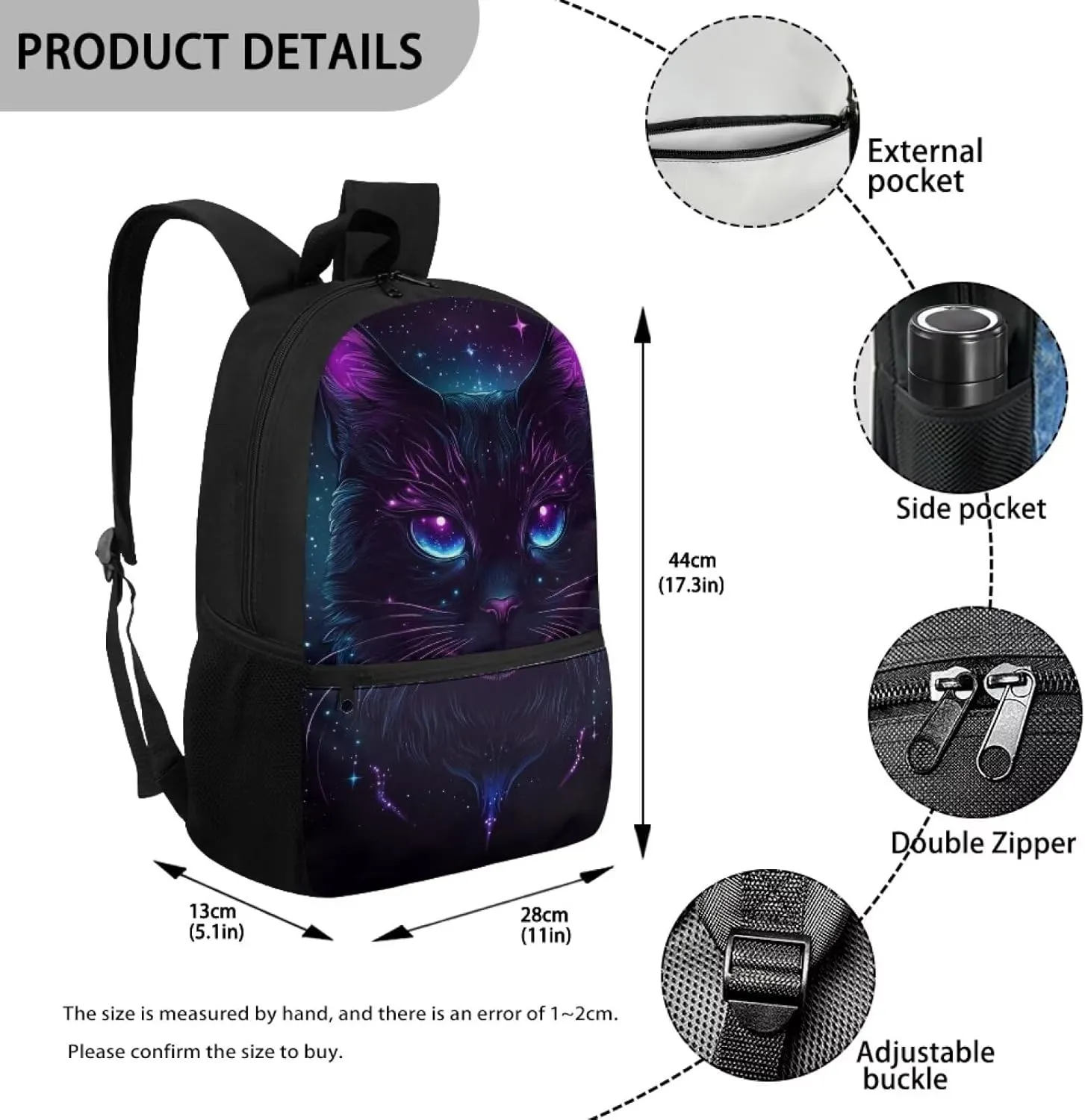 Cat Backpack for School Teens Girls Starry Sky School Bags with Front Pocket 17 Inch Travel Knapsack with Dual Zipper Girls Personalized Back Pack for School