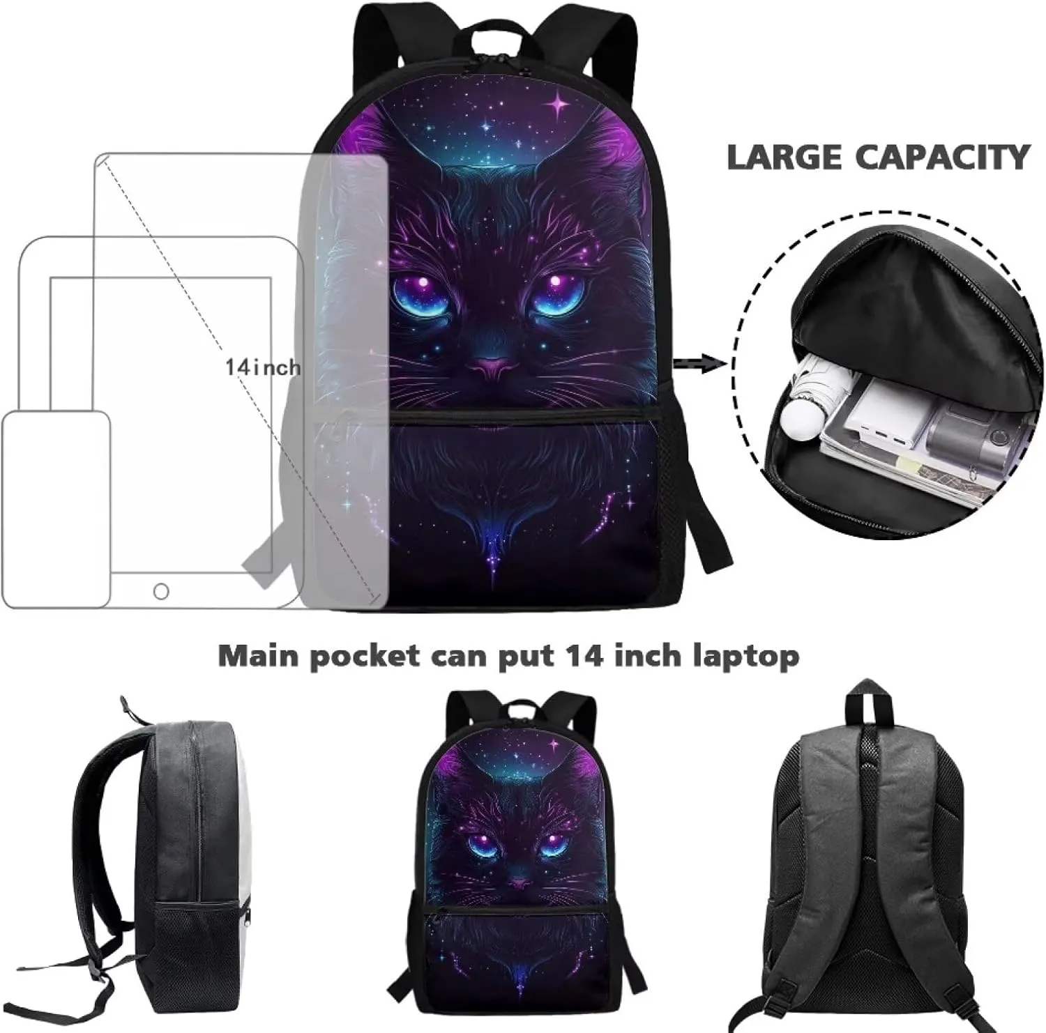 Cat Backpack for School Teens Girls Starry Sky School Bags with Front Pocket 17 Inch Travel Knapsack with Dual Zipper Girls Personalized Back Pack for School
