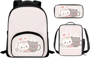 Cat Couple Kids Backpack and Lunch Box Set Boys School Bags for Teen Girls Back to School Cute School Bag Daypack Shoulder Bags School Bag Made From Easy-To-Clean Polyester