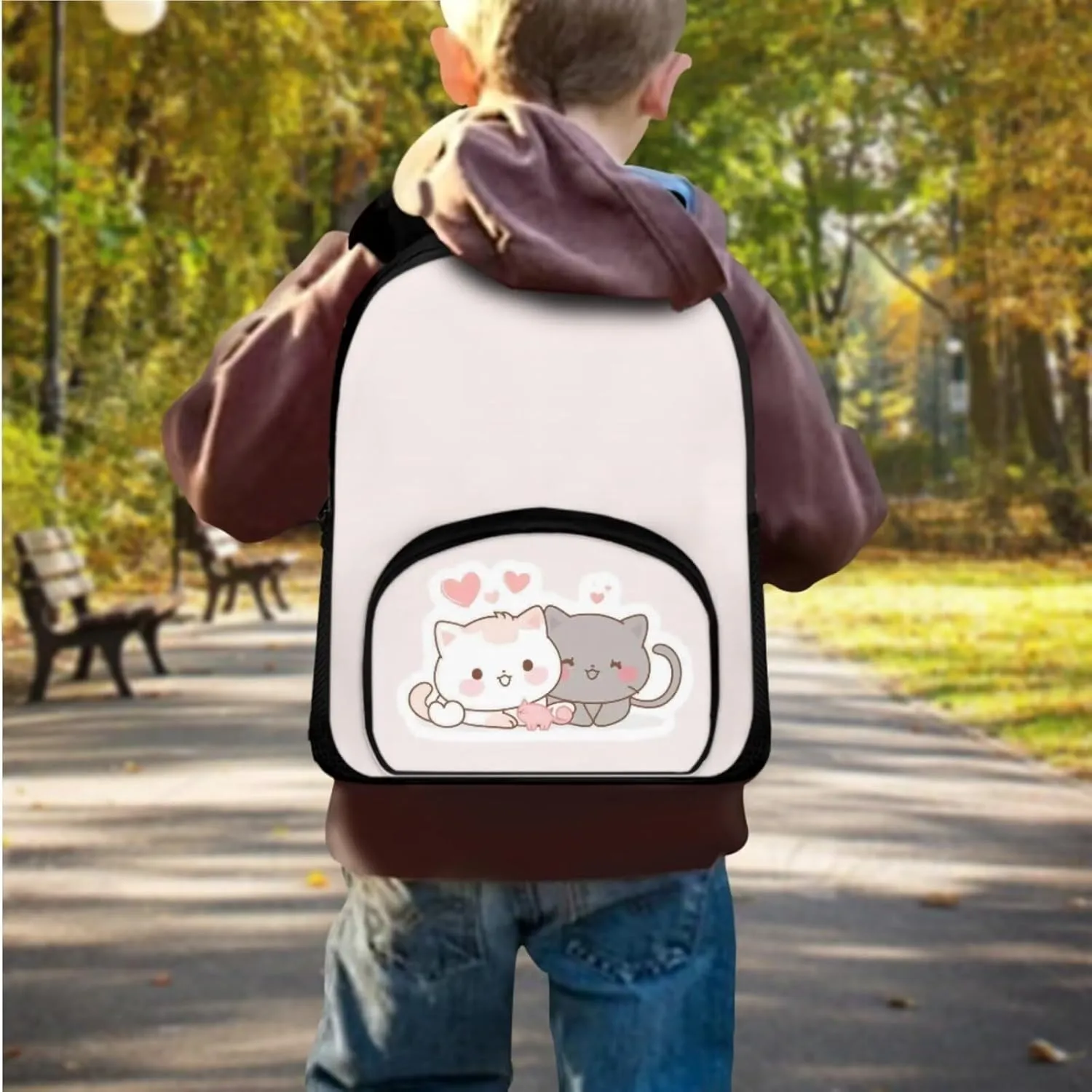 Cat Couple Kids Backpack and Lunch Box Set Boys School Bags for Teen Girls Back to School Cute School Bag Daypack Shoulder Bags School Bag Made From Easy-To-Clean Polyester
