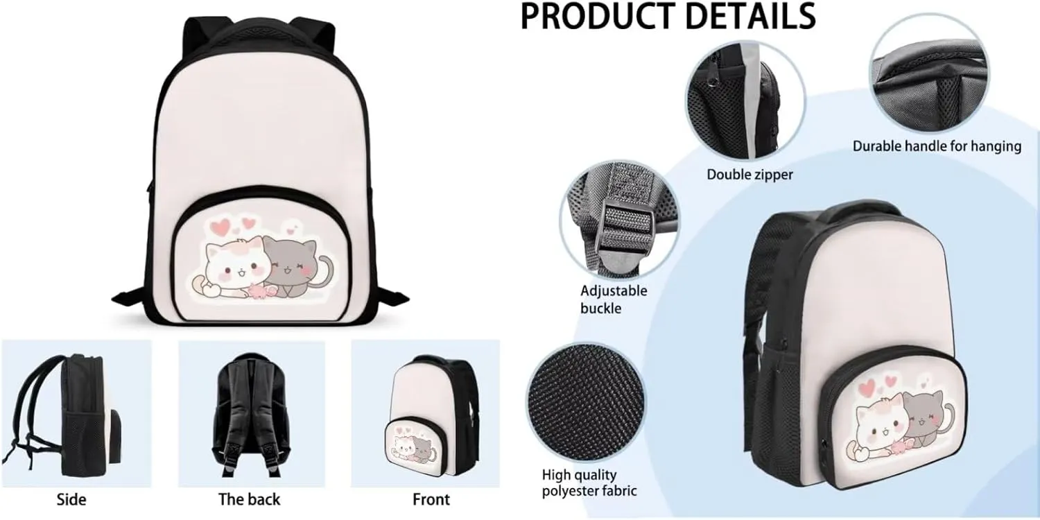 Cat Couple Kids Backpack and Lunch Box Set Boys School Bags for Teen Girls Back to School Cute School Bag Daypack Shoulder Bags School Bag Made From Easy-To-Clean Polyester