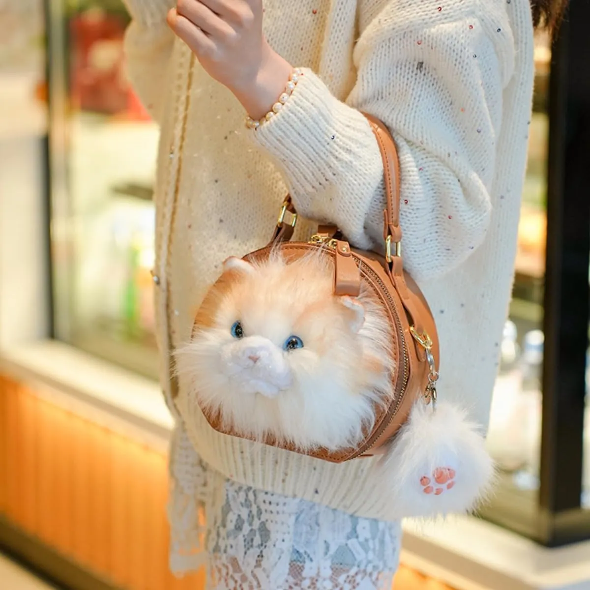 Cat Purses for Women – Cute Realistic Plush Stuffed Animal Crossbody Bag, Puffy Handbag with Pendant, Simulation Cat Backpack