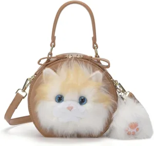 Cat Purses for Women – Cute Realistic Plush Stuffed Animal Crossbody Bag, Puffy Handbag with Pendant, Simulation Cat Backpack