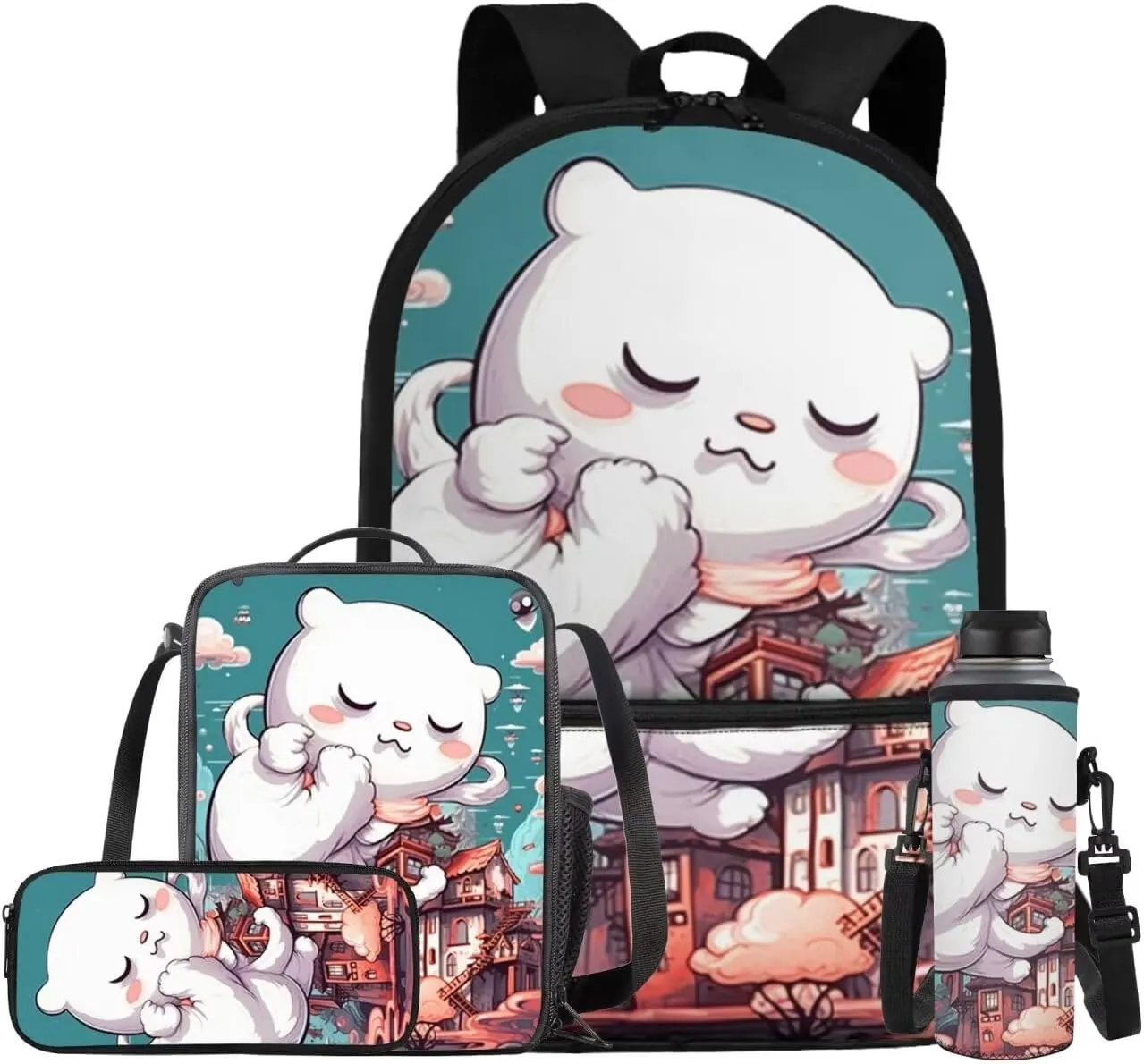 Cat School Backpack for Girls 6-8 Cute Backpacks for Middle School Girls with Lunchbox Pencil Case and Water Bottle Sleeve Elementary School Back Pack for Hiking Rucksack