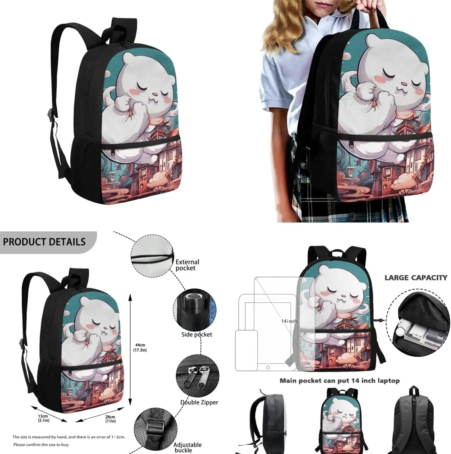 Cat School Backpack for Girls 6-8 Cute Backpacks for Middle School Girls with Lunchbox Pencil Case and Water Bottle Sleeve Elementary School Back Pack for Hiking Rucksack