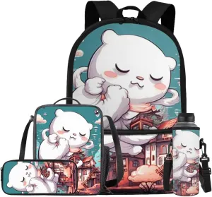 Cat School Backpack for Girls 6-8 Cute Backpacks for Middle School Girls with Lunchbox Pencil Case and Water Bottle Sleeve Elementary School Back Pack for Hiking Rucksack