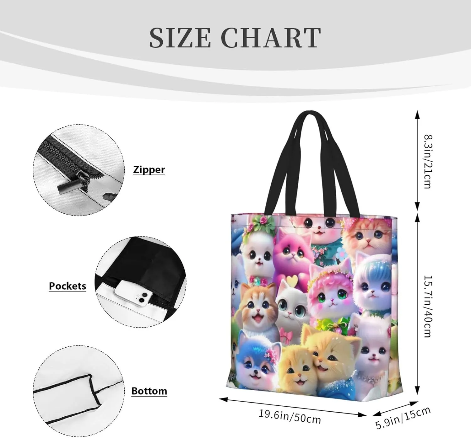 Cat Tote Bag For Women – Large, Reusable, And Portable With Zipper For Shopping, Beach, Travel, And Daily Use