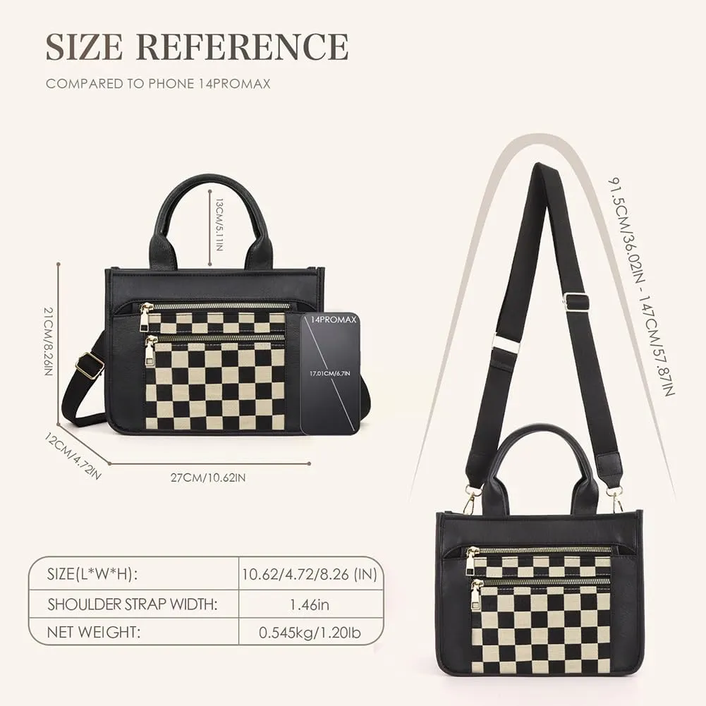 Checkered Tote Bag for Women Satchel Purse Vintage Bag Canvas Shoulder Bags Casual Crossbody Bags Black and White Purse