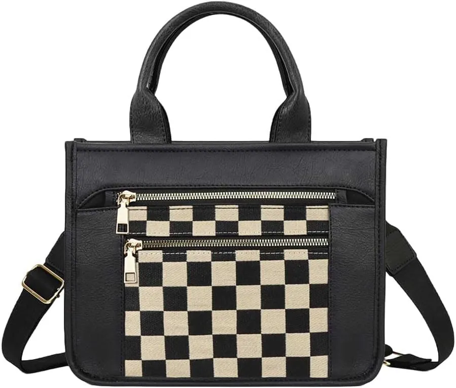 Checkered Tote Bag for Women Satchel Purse Vintage Bag Canvas Shoulder Bags Casual Crossbody Bags Black and White Purse