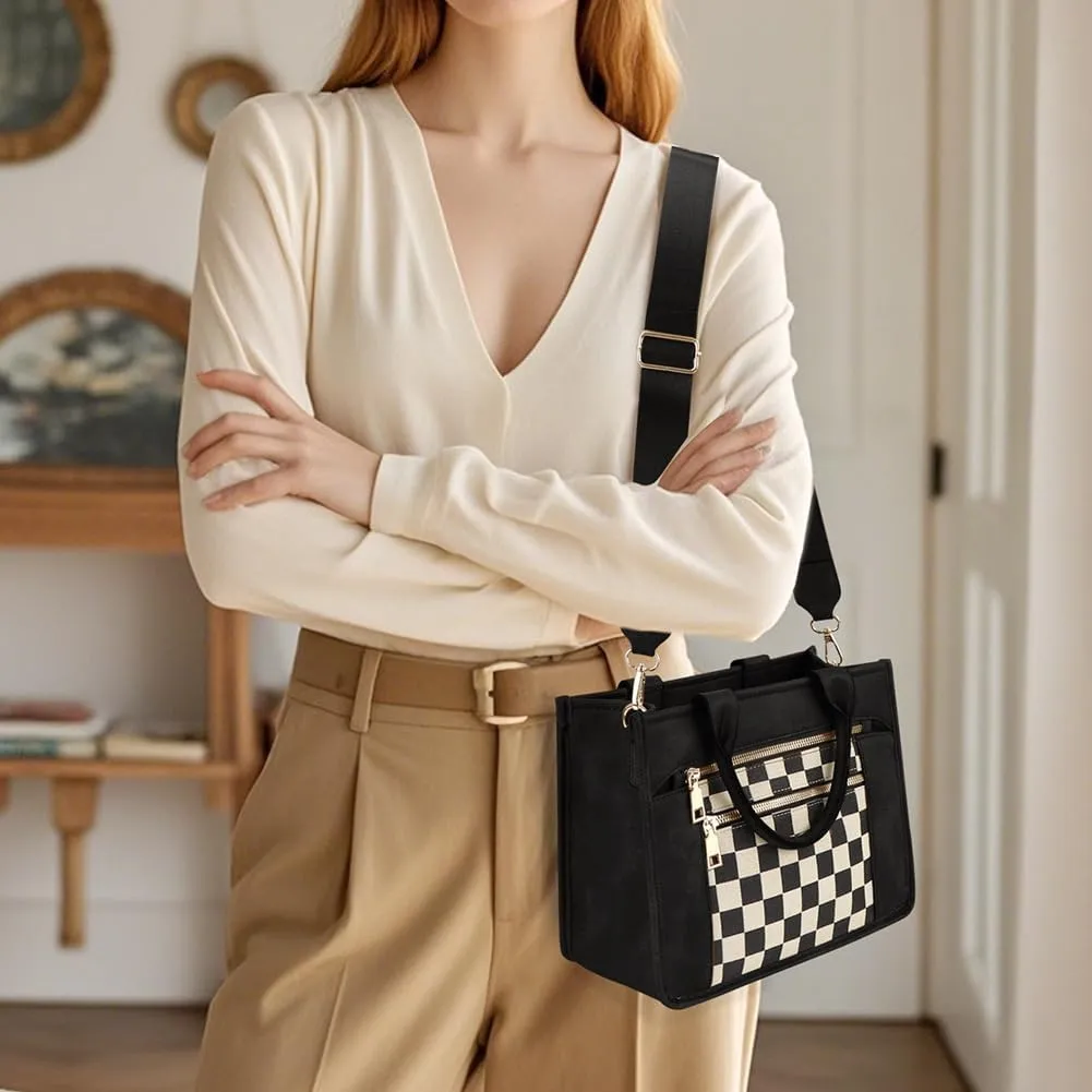 Checkered Tote Bag for Women Satchel Purse Vintage Bag Canvas Shoulder Bags Casual Crossbody Bags Black and White Purse
