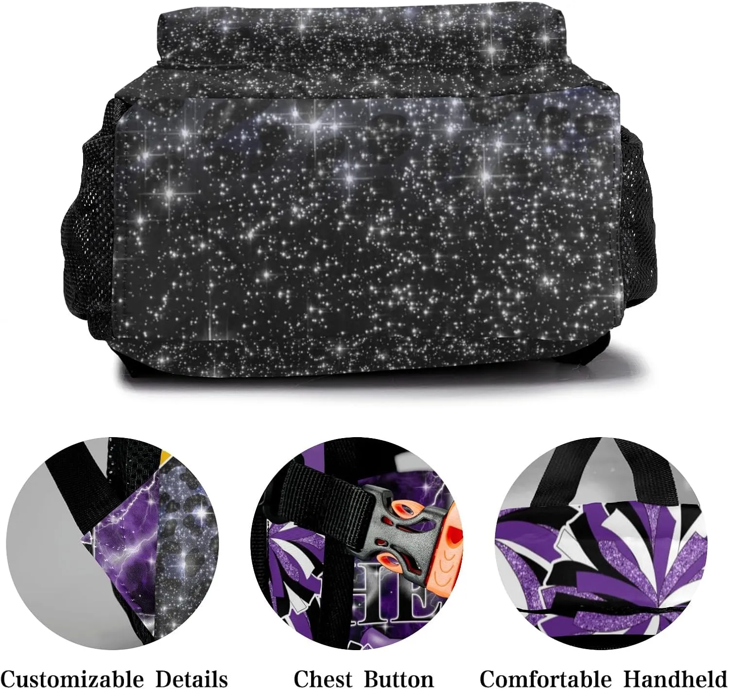 Cheerleader Backpack Cheer Bag Backpack Custom School Shoulders Bookbags for Sports Party(Dark Purple Black Gold)