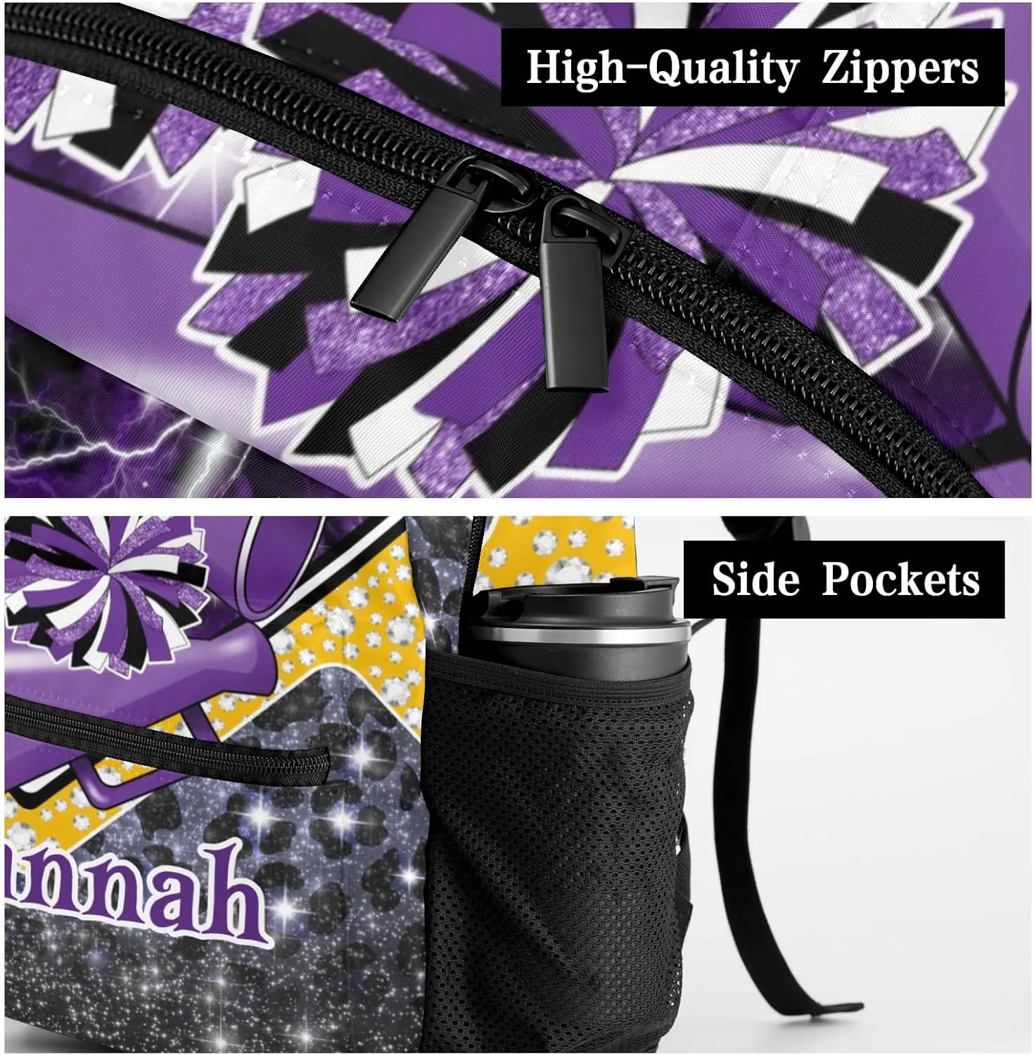 Cheerleader Backpack Cheer Bag Backpack Custom School Shoulders Bookbags for Sports Party(Dark Purple Black Gold)