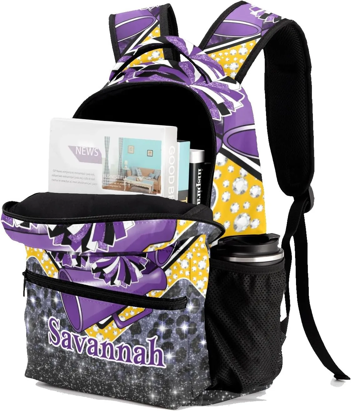 Cheerleader Backpack Cheer Bag Backpack Custom School Shoulders Bookbags for Sports Party(Dark Purple Black Gold)