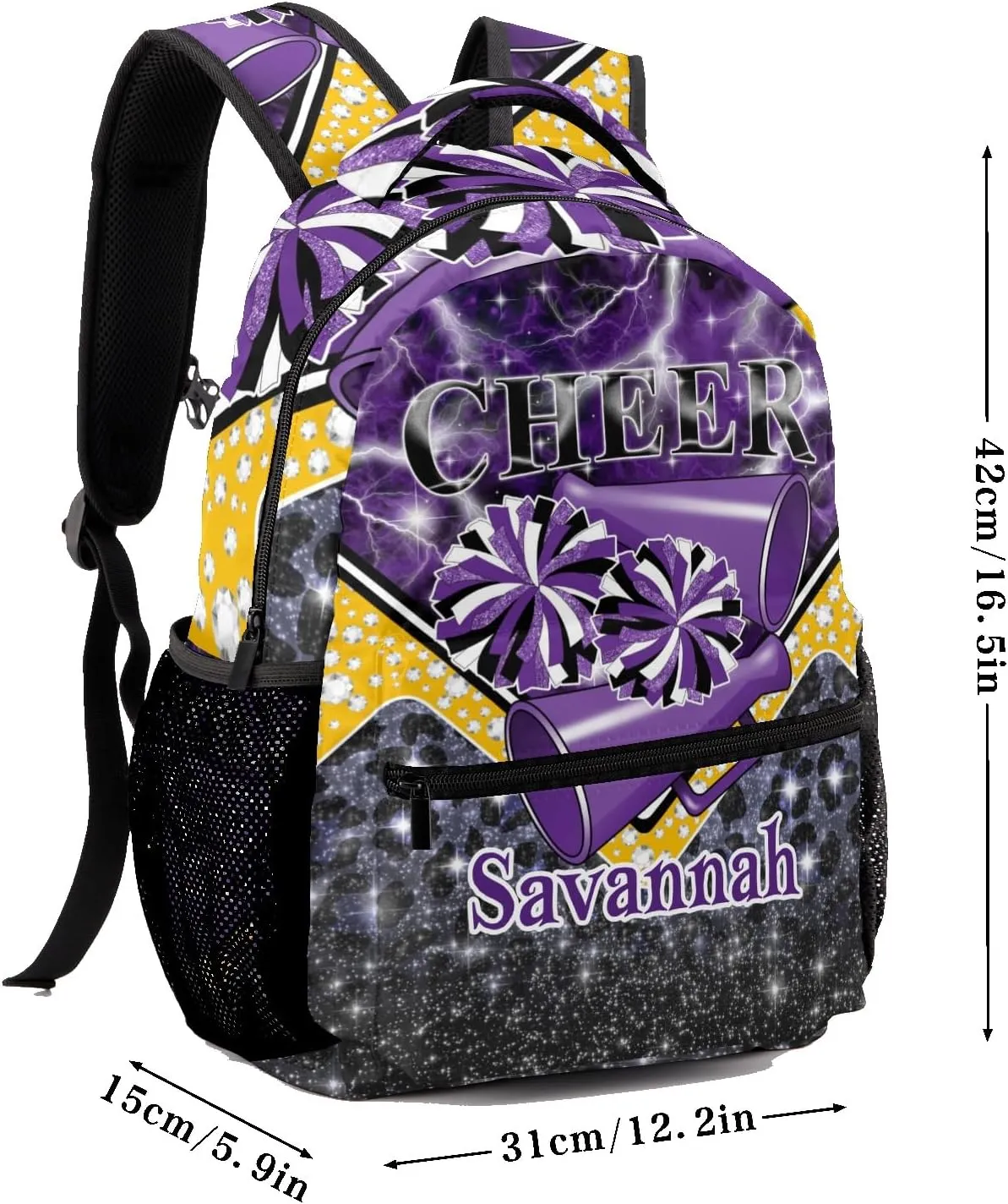 Cheerleader Backpack Cheer Bag Backpack Custom School Shoulders Bookbags for Sports Party(Dark Purple Black Gold)