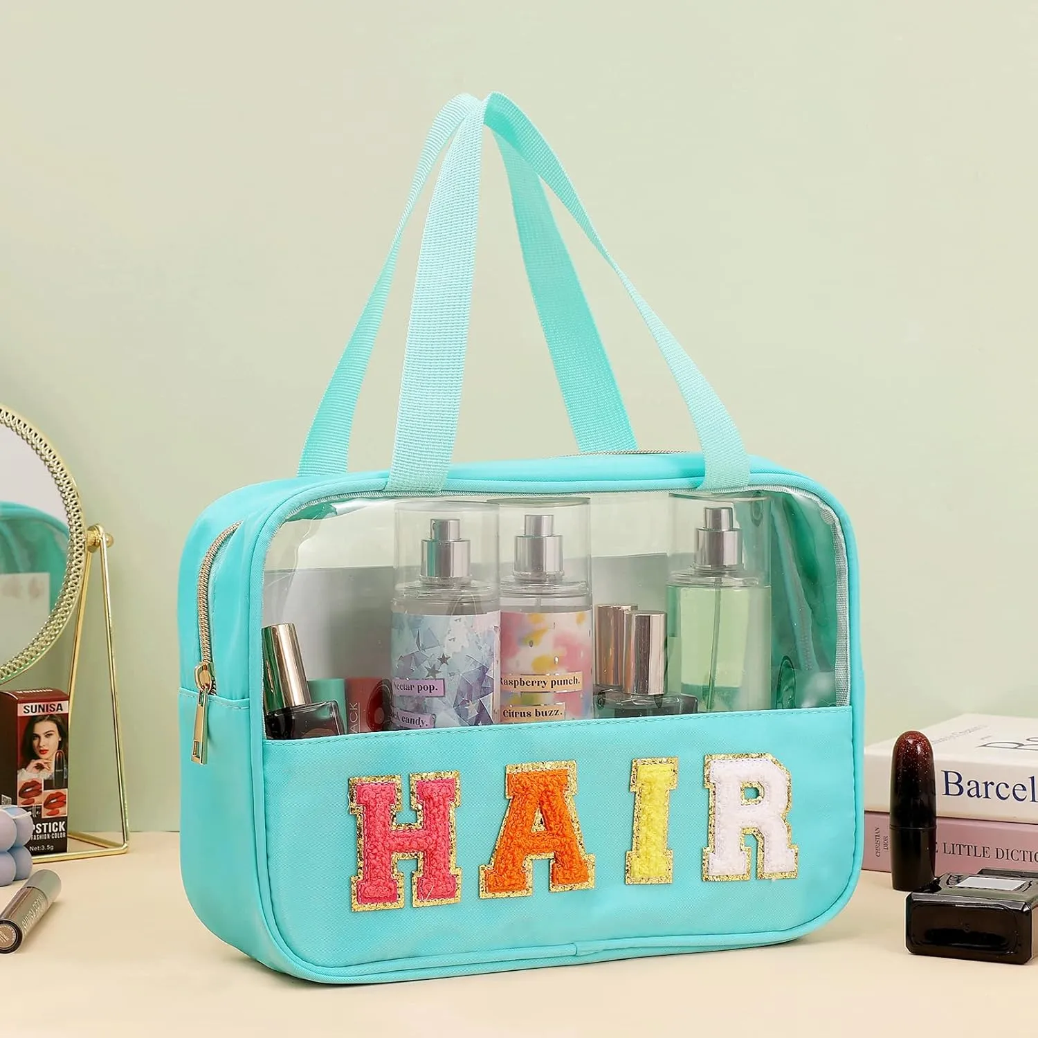 Chenille Letter Patch Clear Bag,Preppy Multi-purpose PVC&Nylon Clear Makeup Bag with Handles,Large Travel Makeup Toiletry Storage Zipper Pouch, Tote Bag for Women (Mint-HAIR)