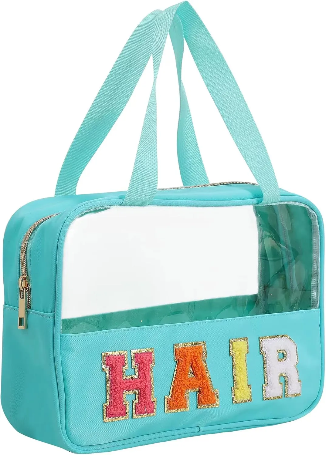 Chenille Letter Patch Clear Bag,Preppy Multi-purpose PVC&Nylon Clear Makeup Bag with Handles,Large Travel Makeup Toiletry Storage Zipper Pouch, Tote Bag for Women (Mint-HAIR)