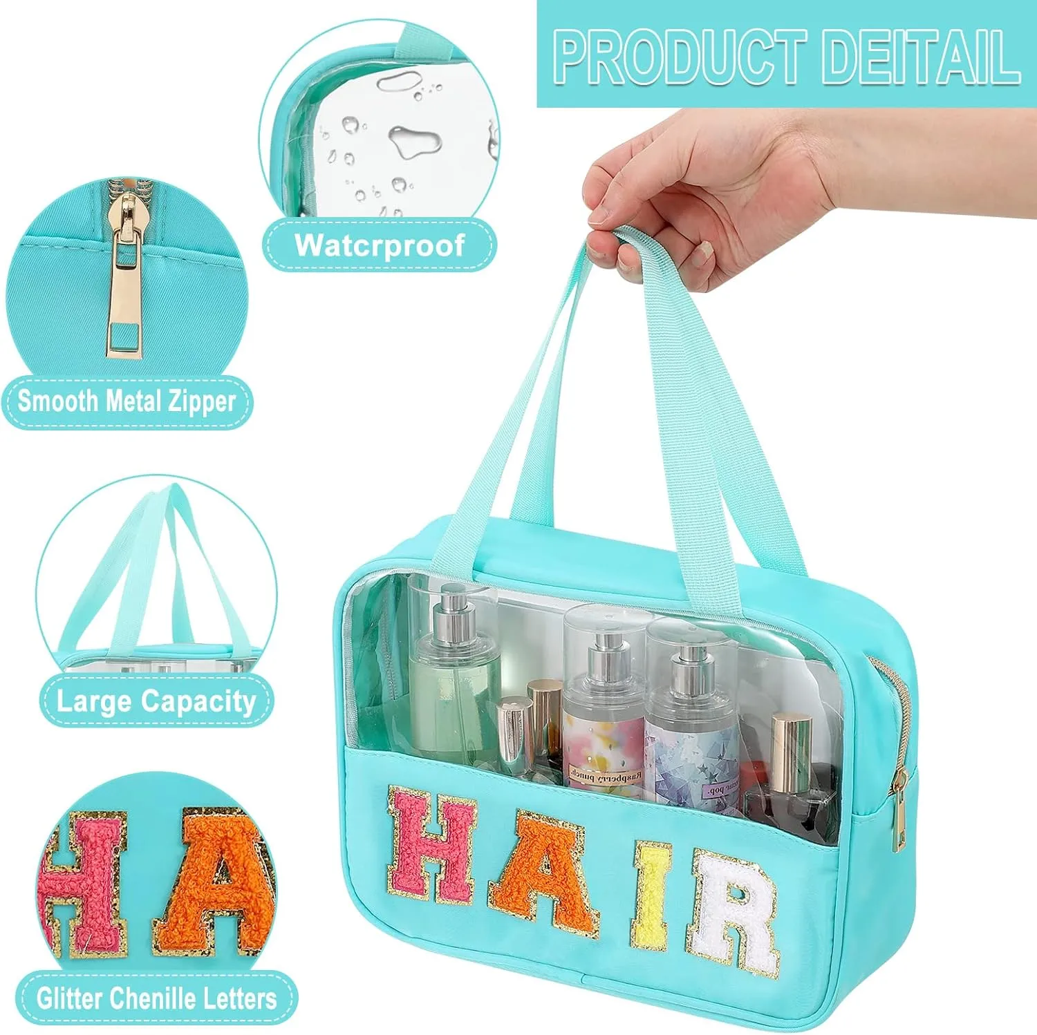 Chenille Letter Patch Clear Bag,Preppy Multi-purpose PVC&Nylon Clear Makeup Bag with Handles,Large Travel Makeup Toiletry Storage Zipper Pouch, Tote Bag for Women (Mint-HAIR)