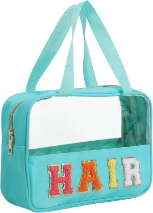 Chenille Letter Patch Clear Bag,Preppy Multi-purpose PVC&Nylon Clear Makeup Bag with Handles,Large Travel Makeup Toiletry Storage Zipper Pouch, Tote Bag for Women (Mint-HAIR)