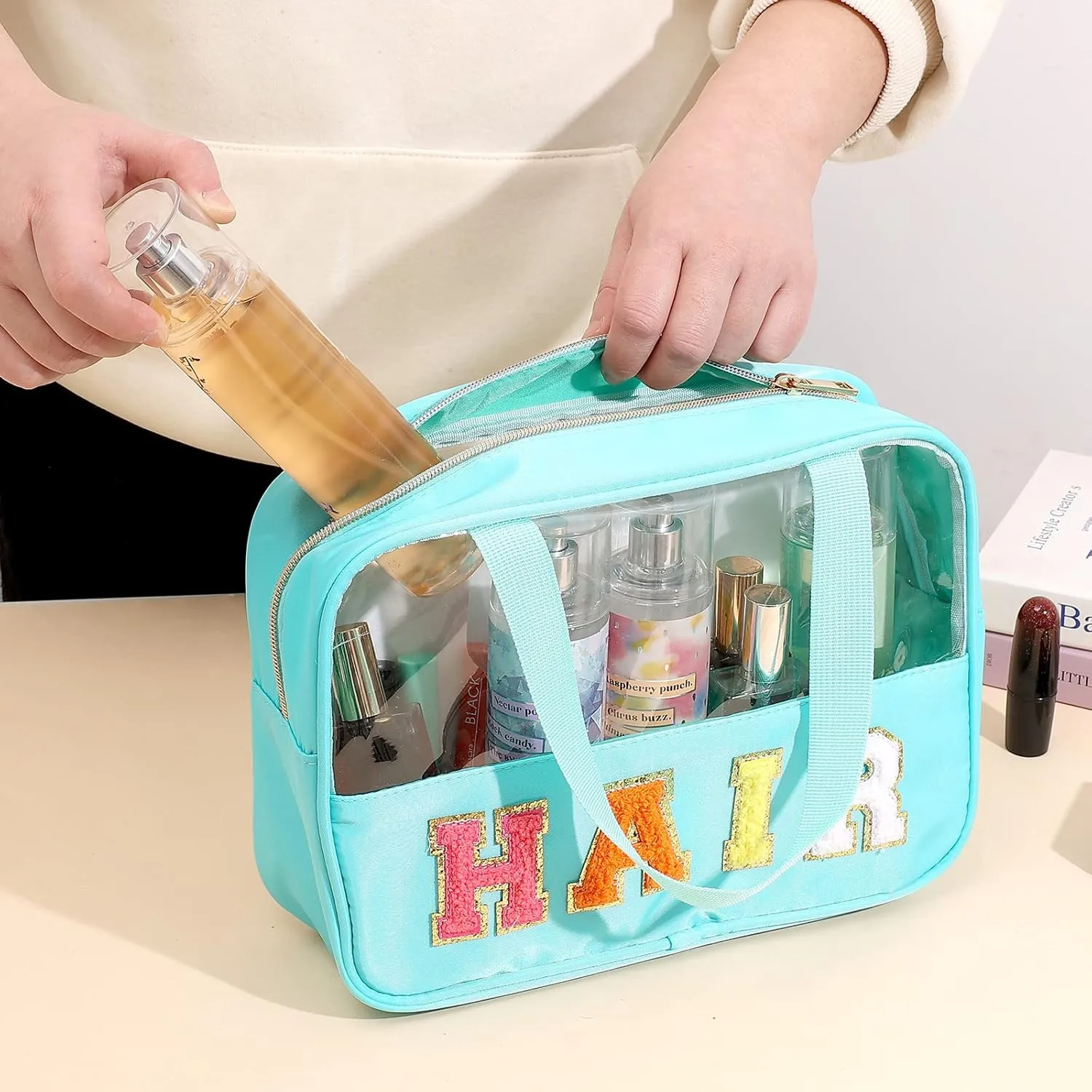 Chenille Letter Patch Clear Bag,Preppy Multi-purpose PVC&Nylon Clear Makeup Bag with Handles,Large Travel Makeup Toiletry Storage Zipper Pouch, Tote Bag for Women (Mint-HAIR)
