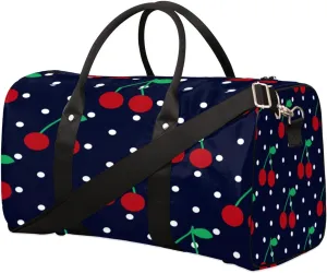 Cherry Polka Dots Duffel Bag Sport Gym Duffle Bag Blue Travel Bag Waterproof Weekender Overnight Tote Bag Foldable Carry on Bag Training Shoulder Bag for Women Men