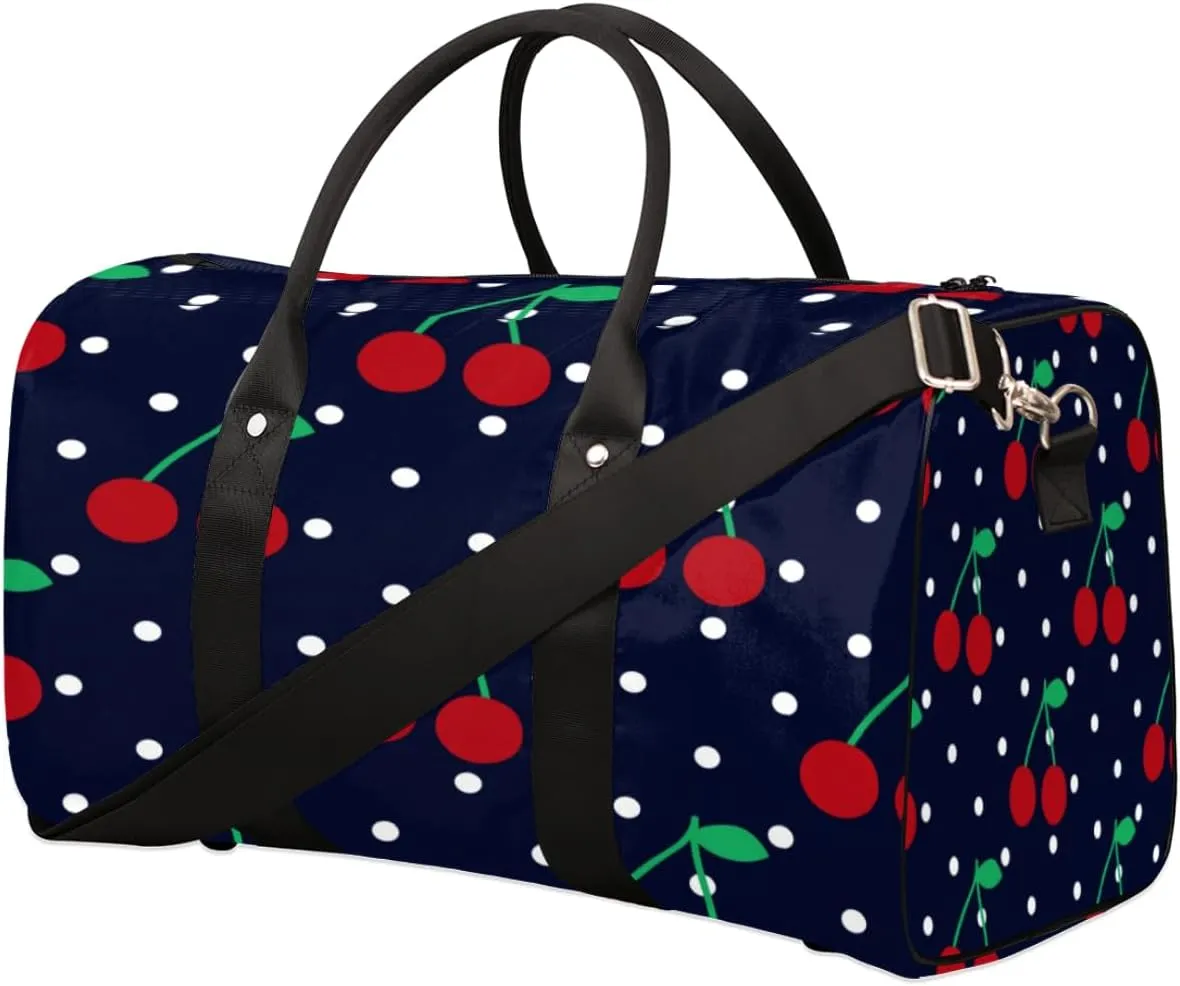 Cherry Polka Dots Duffel Bag Sport Gym Duffle Bag Blue Travel Bag Waterproof Weekender Overnight Tote Bag Foldable Carry on Bag Training Shoulder Bag for Women Men