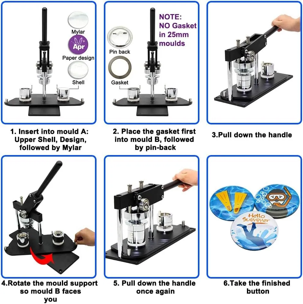 ChiButtons Pro 25mm (1") Metric Button Maker Machine B400 Kit | All-Metal Craft Press with 500 Sets Components, Adjustable Circle Cutter & Moulds | Tiny Buttons, Mini Badges, Custom Pins (Black-New)