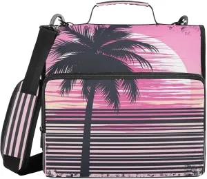 Coconut Tree Silhouette Sun Pink Zipper Binder with Shoulder Strap Trapper Keeper 3 Ring Binder Organizer Large Capacity Multiple Compartments for School Office