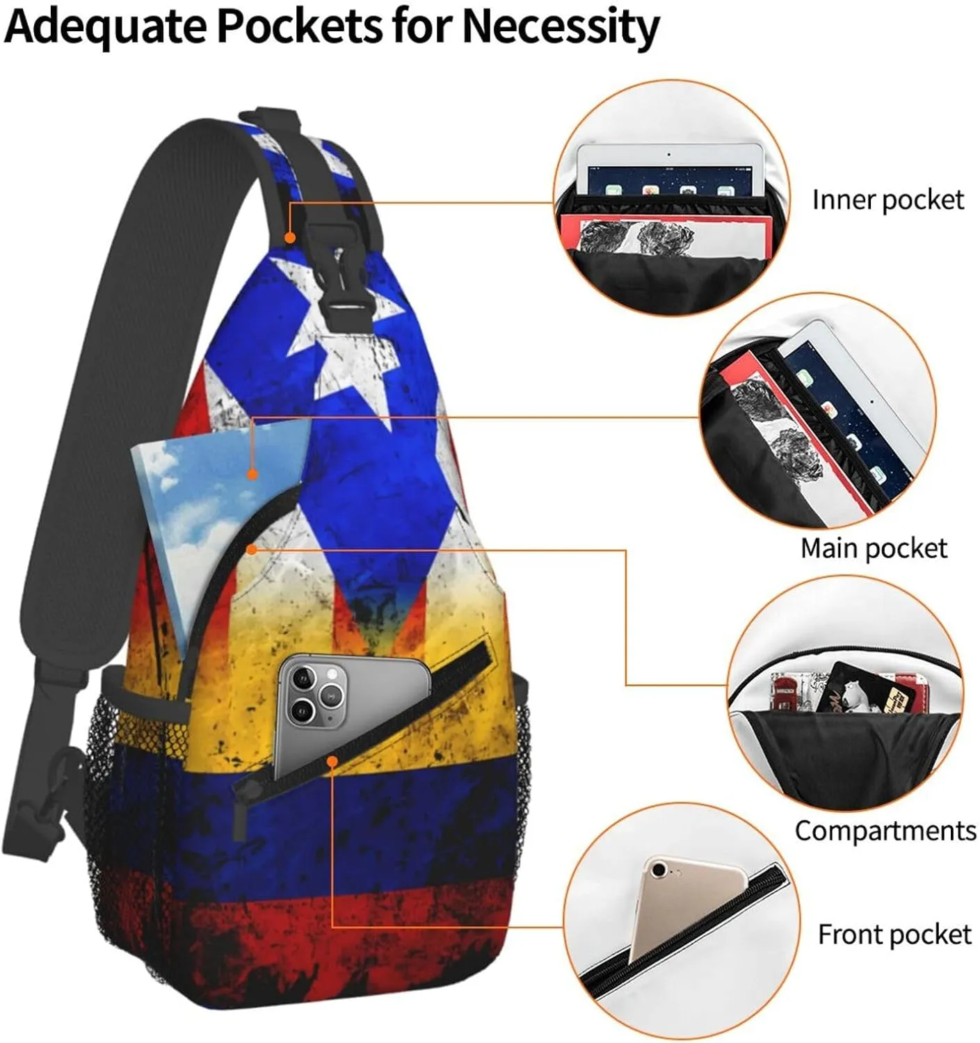 Colombian Puerto Rican Colombia Boricua Flag Crossbody Bag Cross Chest Bag Adjustable Sling Backpack Sports Gym Shoulder Bags Travel Cycling Daypack Diagonally Casual Rucksack