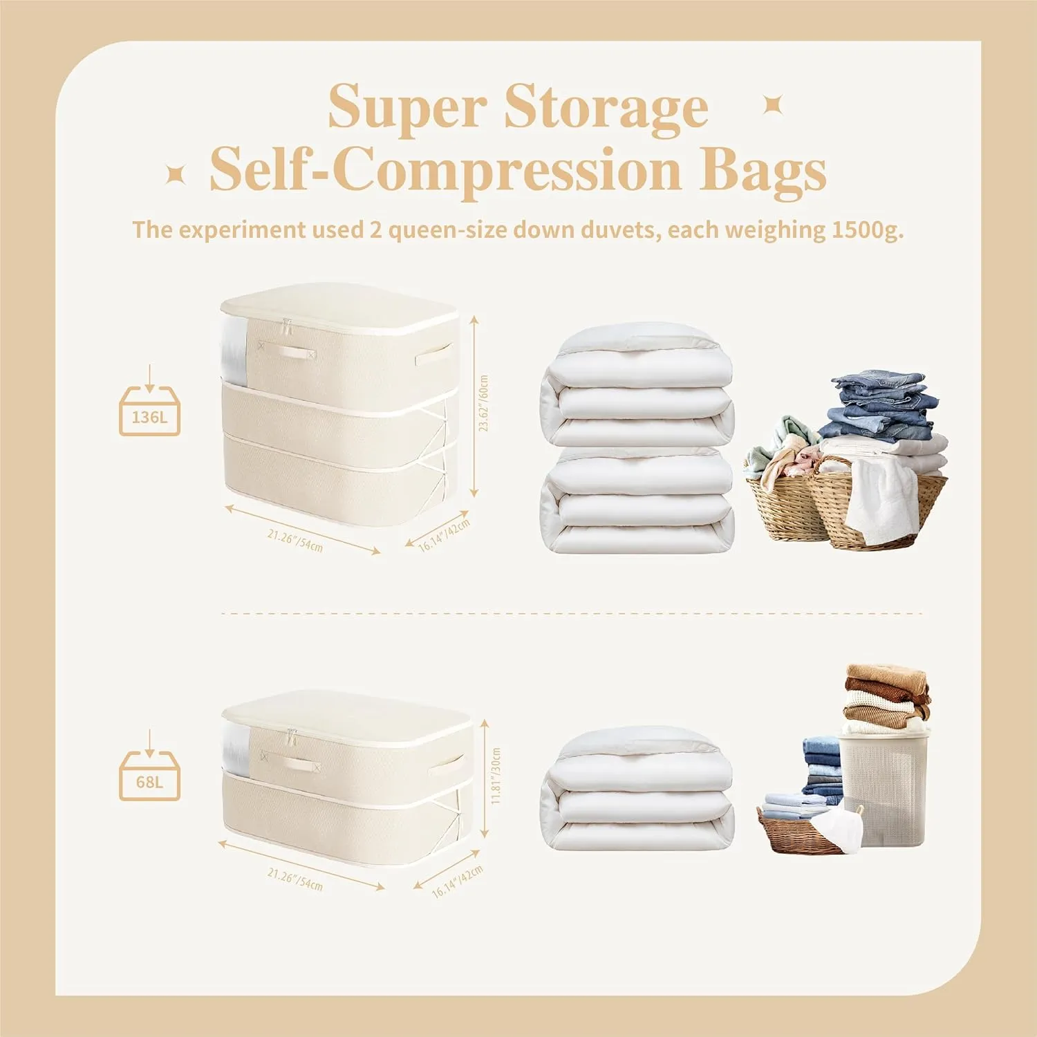 Compression Storage Bags for Bedding, 136L Ultra Space Saving Self Compression Organizer with Transparent Window, Used for Storing Comfortable Blankets,Bedding,Pillows,Clothes (Beige 21x16x23 in)