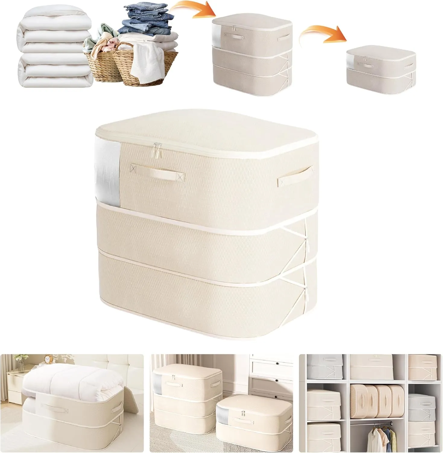 Compression Storage Bags for Bedding, 136L Ultra Space Saving Self Compression Organizer with Transparent Window, Used for Storing Comfortable Blankets,Bedding,Pillows,Clothes (Beige 21x16x23 in)