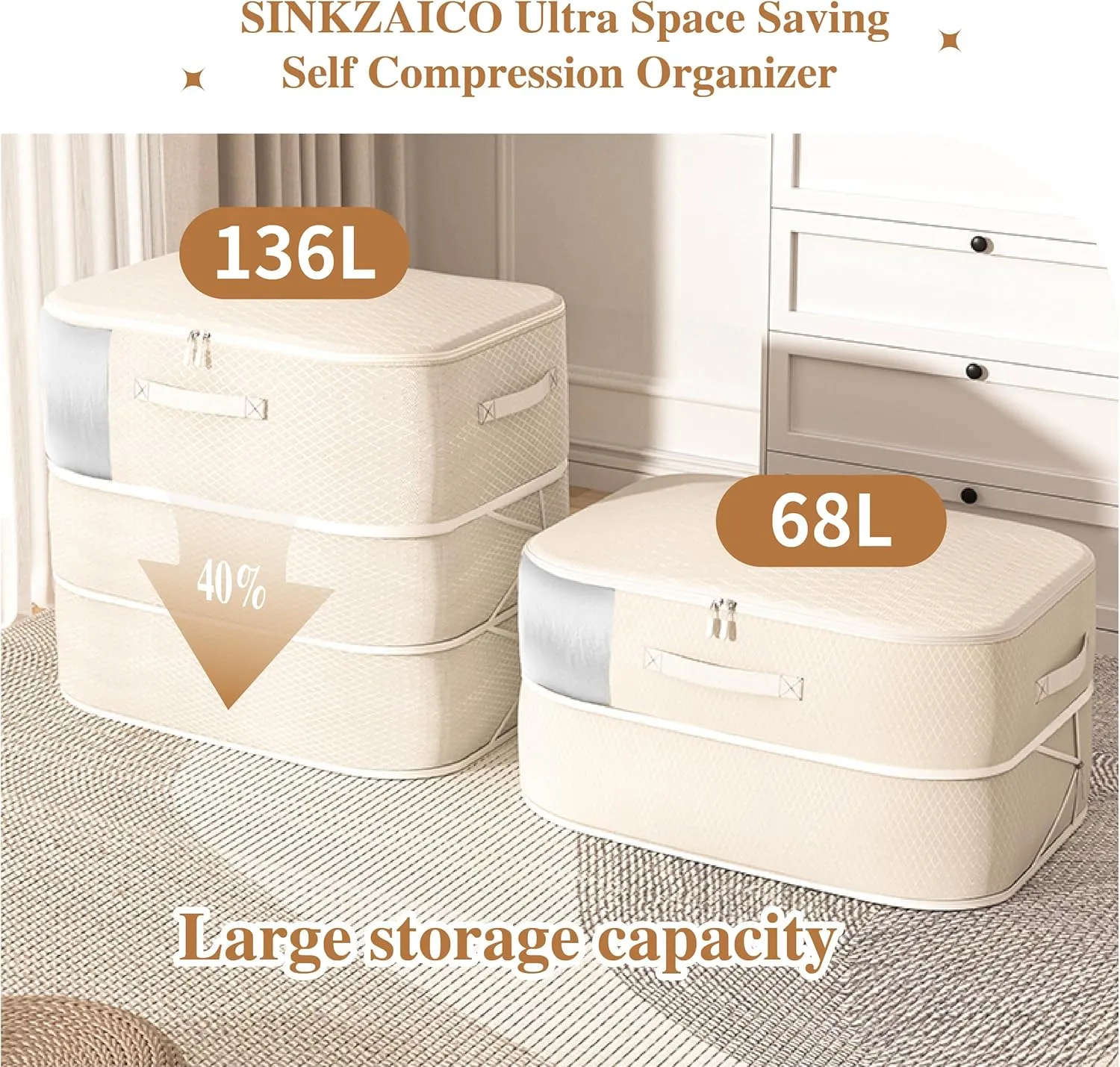 Compression Storage Bags for Bedding, 136L Ultra Space Saving Self Compression Organizer with Transparent Window, Used for Storing Comfortable Blankets,Bedding,Pillows,Clothes (Beige 21x16x23 in)