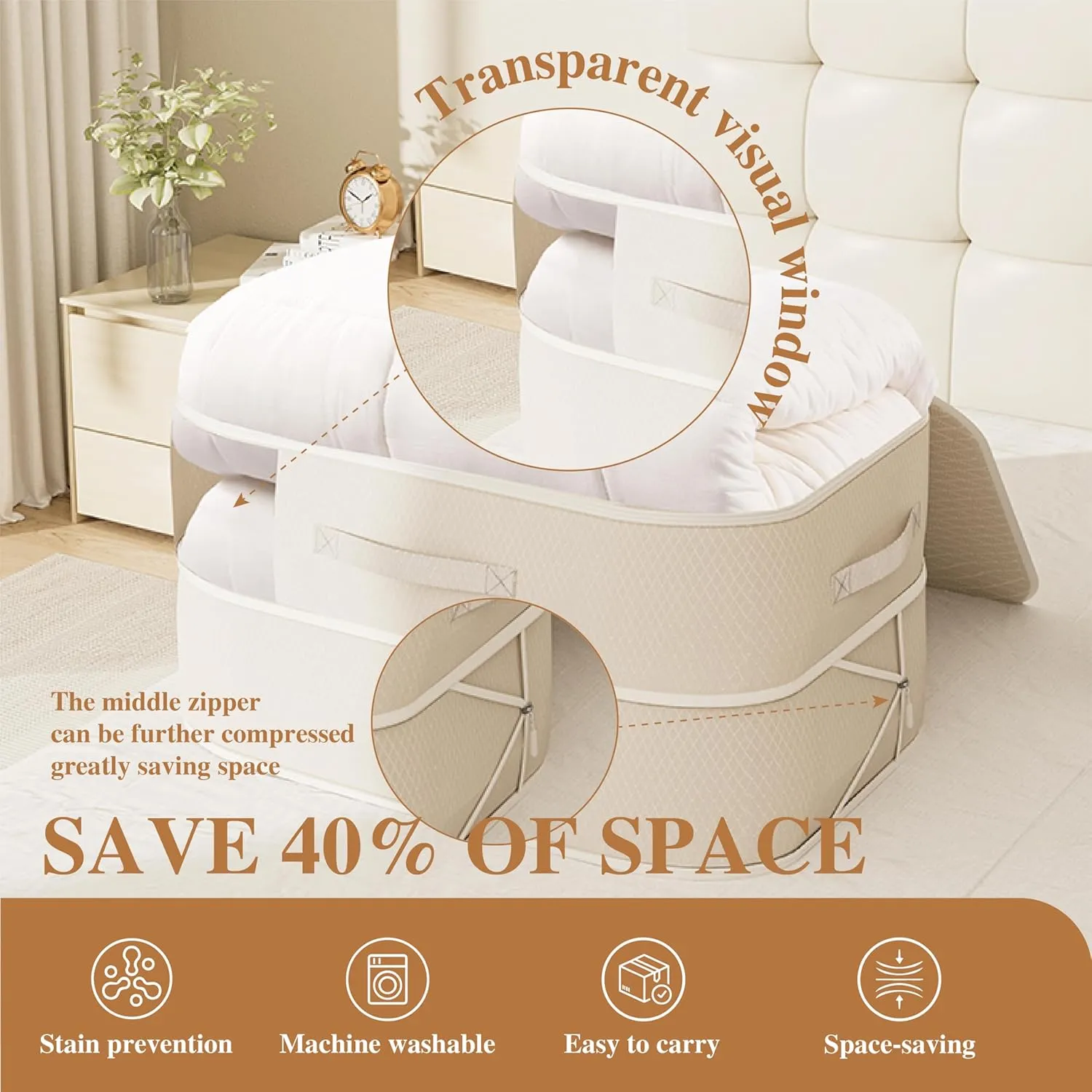 Compression Storage Bags for Bedding, 136L Ultra Space Saving Self Compression Organizer with Transparent Window, Used for Storing Comfortable Blankets,Bedding,Pillows,Clothes (Beige 21x16x23 in)