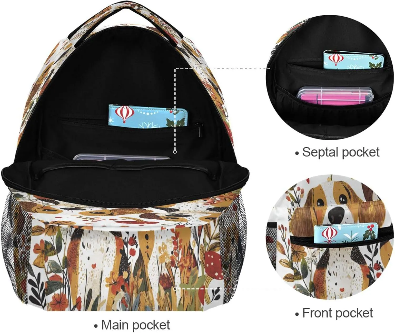 Cool Backpacks for Men Women Waterproof College School Computer Bag with Chest Strap for Travel Trip Cartoon Beagle Dogs White