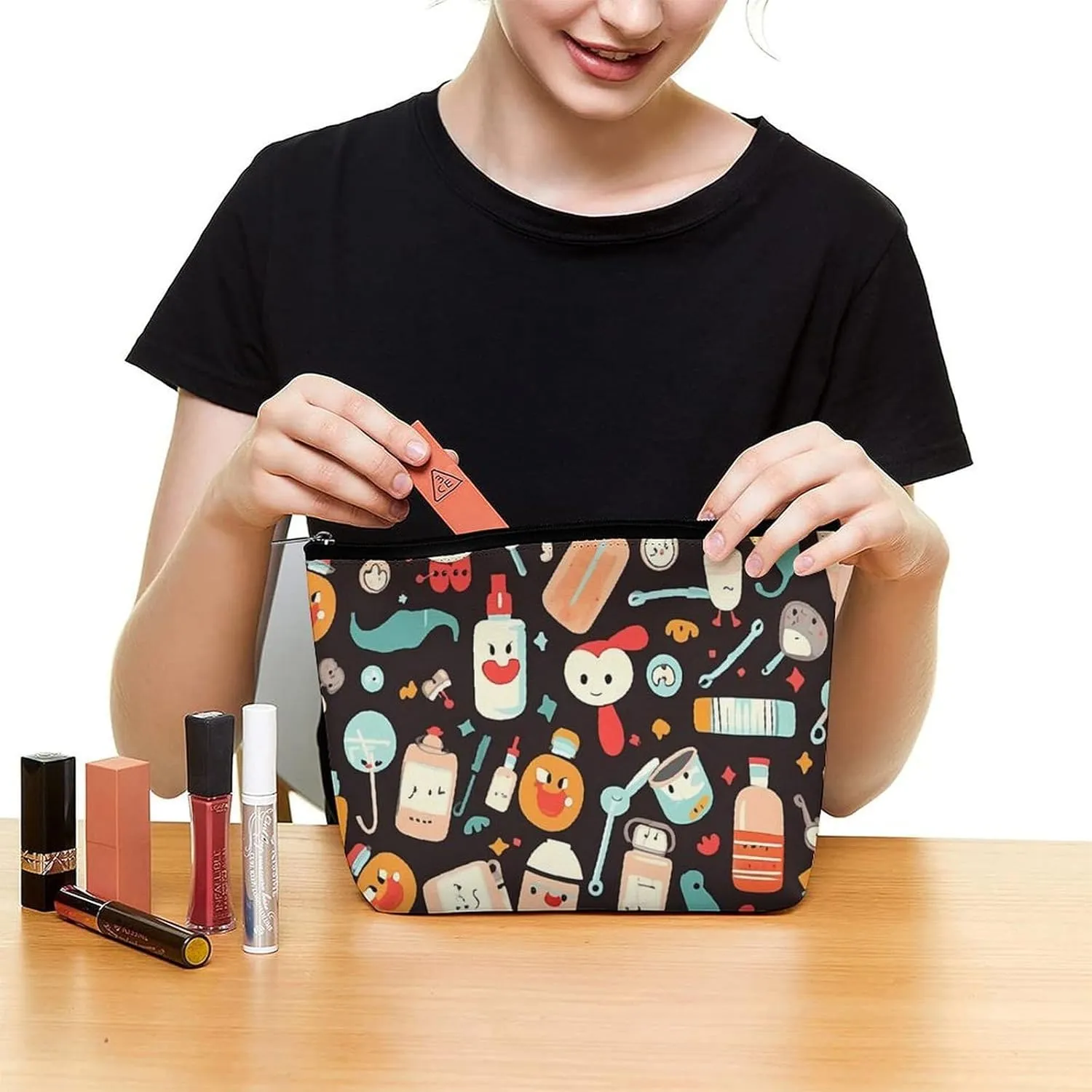 Cosmetic Bag Travel Makeup Bag Waterproof Toiletry Bag Cartoon Medicine Pattern Makeup Organizer Case Portable Toiletry Pouch Large Capacity Zipper Pouch for Women Men