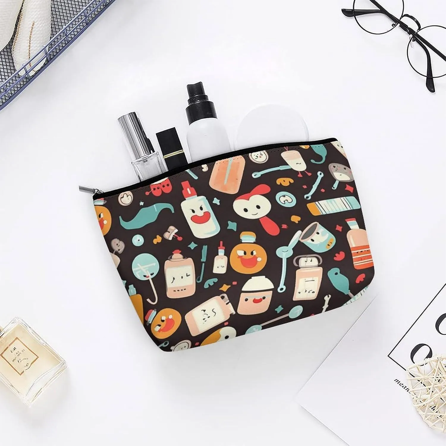 Cosmetic Bag Travel Makeup Bag Waterproof Toiletry Bag Cartoon Medicine Pattern Makeup Organizer Case Portable Toiletry Pouch Large Capacity Zipper Pouch for Women Men
