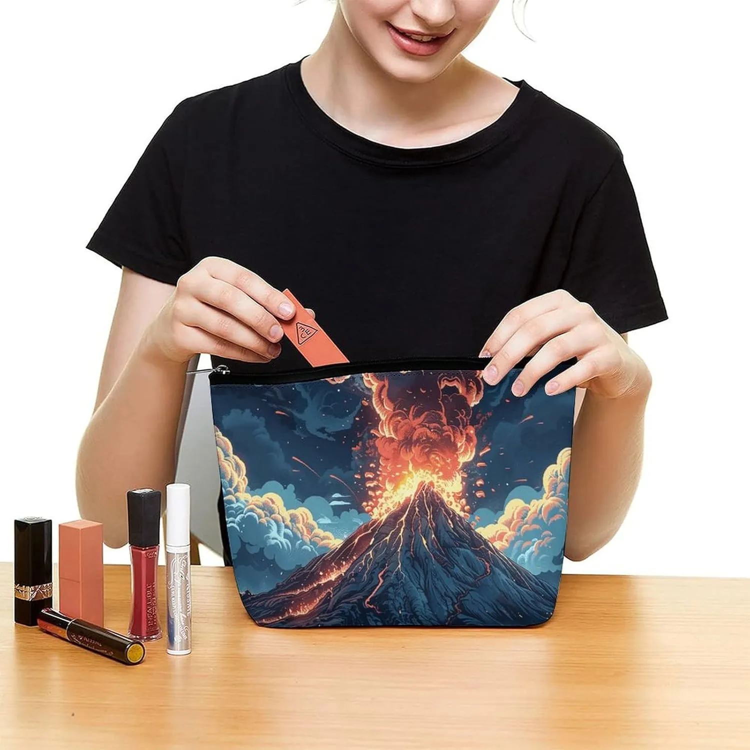 Cosmetic Bag Travel Makeup Bag Waterproof Toiletry Bag Depicts A Volcano Makeup Organizer Case Portable Toiletry Pouch Large Capacity Zipper Pouch for Women Men