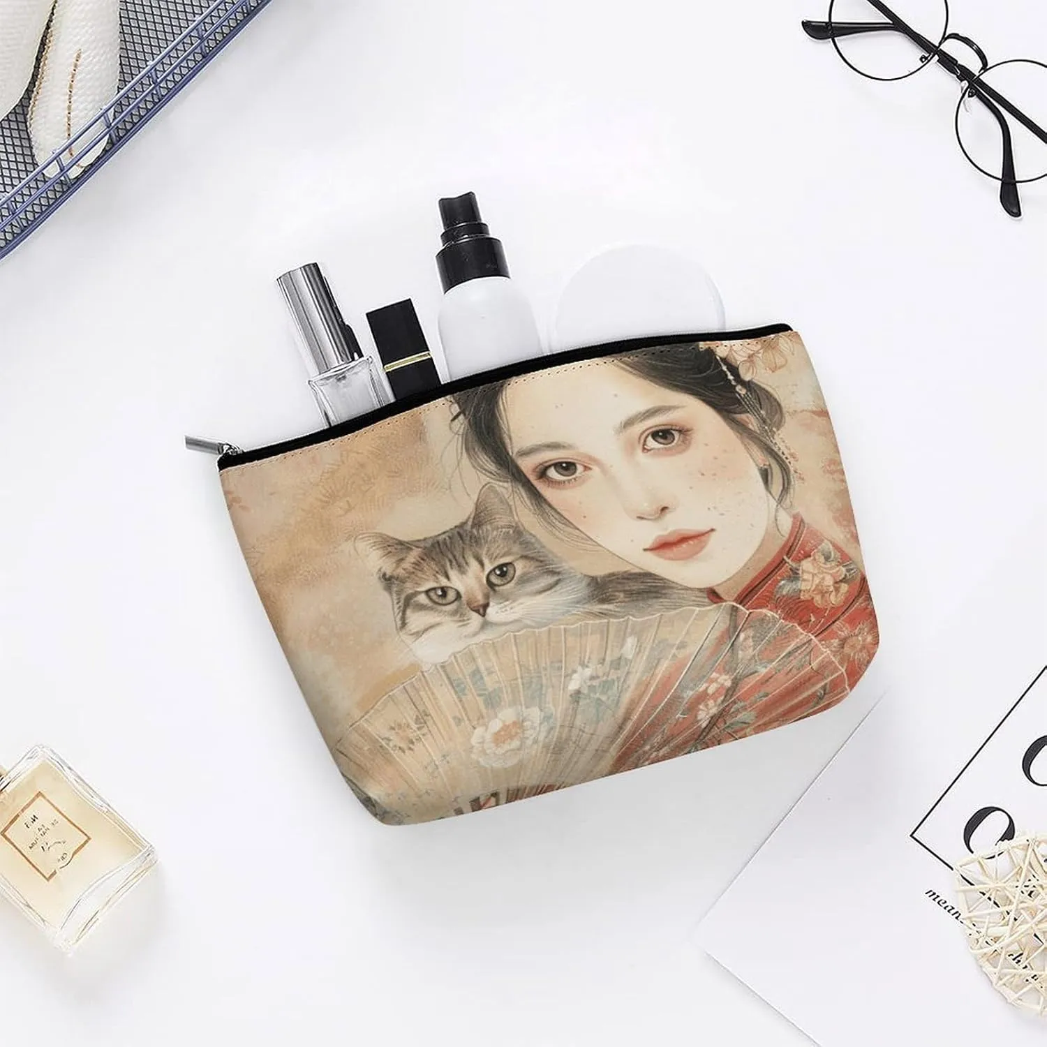 Cosmetic Bag Travel Makeup Bag Waterproof Toiletry Bag Fan And Cat Makeup Organizer Case Portable Toiletry Pouch Large Capacity Zipper Pouch for Women Men