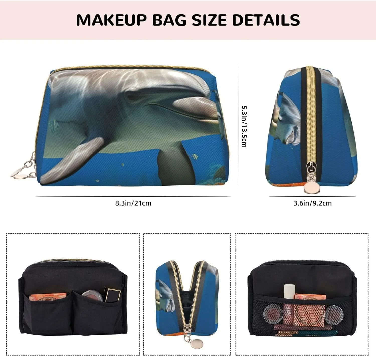 Cosmetic bag Travel Makeup Bag Waterproof Toiletry Pouch Portable Wide open Pouch Dolphins Blue Makeup Organizer Case Large Capacity Zipper Pouch Toiletry bag for women