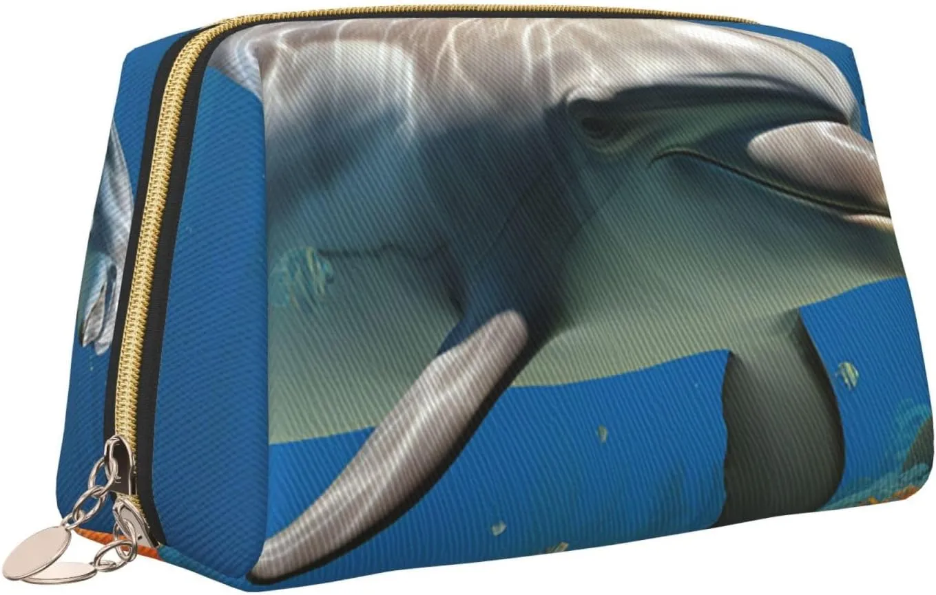 Cosmetic bag Travel Makeup Bag Waterproof Toiletry Pouch Portable Wide open Pouch Dolphins Blue Makeup Organizer Case Large Capacity Zipper Pouch Toiletry bag for women