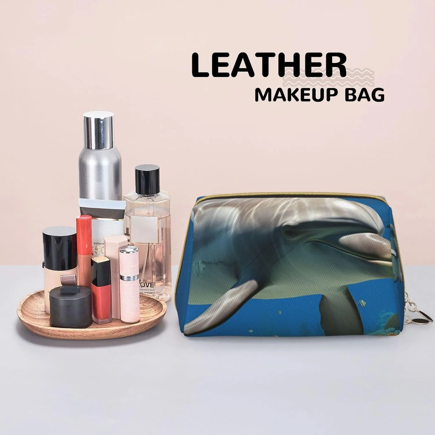 Cosmetic bag Travel Makeup Bag Waterproof Toiletry Pouch Portable Wide open Pouch Dolphins Blue Makeup Organizer Case Large Capacity Zipper Pouch Toiletry bag for women
