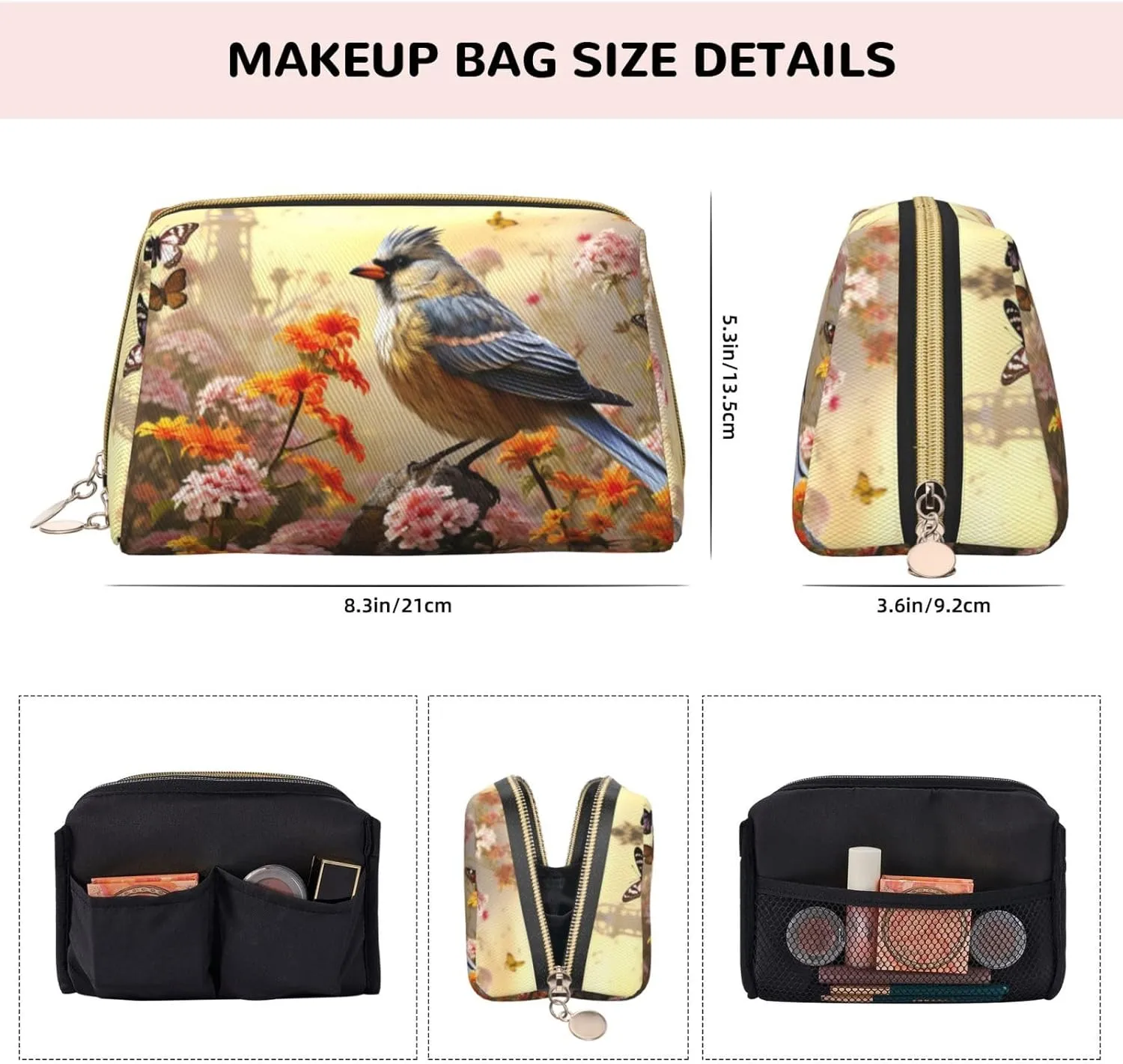 Cosmetic bag Travel Makeup Bag Waterproof Toiletry Pouch Portable Wide open Pouch Sparrow Birds Sing Makeup Organizer Case Large Capacity Zipper Pouch Toiletry bag for women