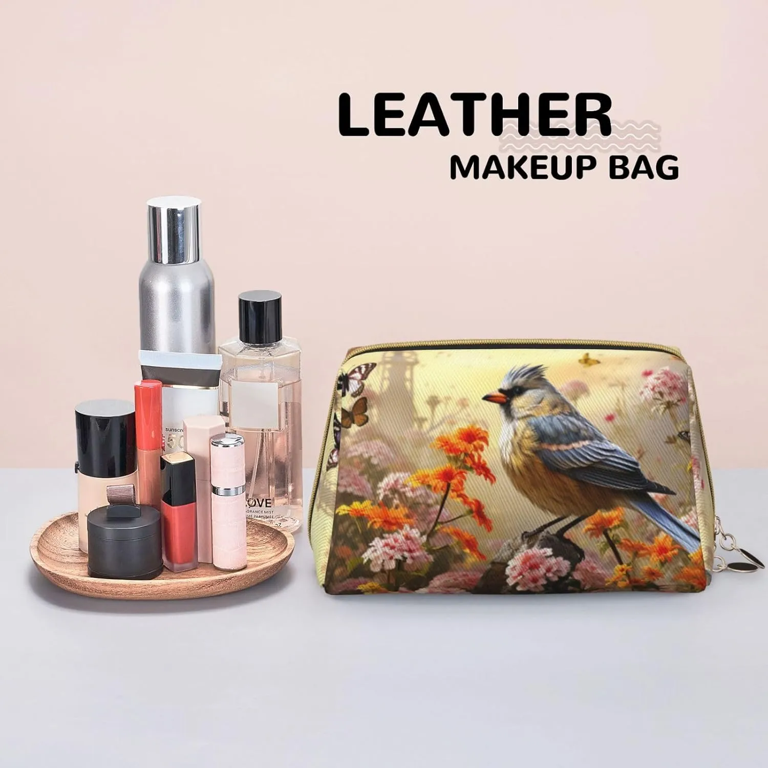 Cosmetic bag Travel Makeup Bag Waterproof Toiletry Pouch Portable Wide open Pouch Sparrow Birds Sing Makeup Organizer Case Large Capacity Zipper Pouch Toiletry bag for women