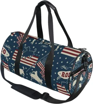 Cowboys Riding Bulls Horse Riders American Usa Flags Gym Duffle Bag for Women Men Sports Fitness Bag Workout Travel Gymnastics Dance