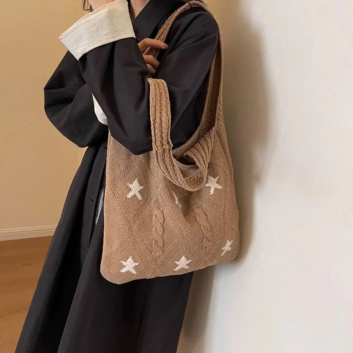 Crochet Tote Bag for Women - Star Pattern Large Capacity Knitted Handbag, Boho Woven Vocation Shoulder Bag
