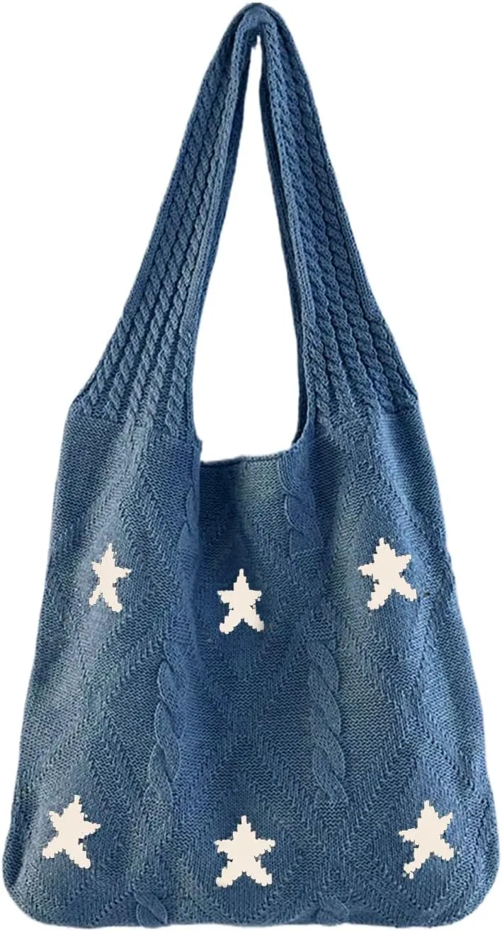 Crochet Tote Bag for Women - Star Pattern Large Capacity Knitted Handbag, Boho Woven Vocation Shoulder Bag