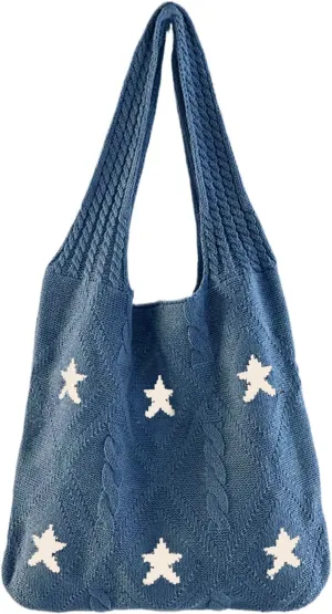 Crochet Tote Bag for Women - Star Pattern Large Capacity Knitted Handbag, Boho Woven Vocation Shoulder Bag