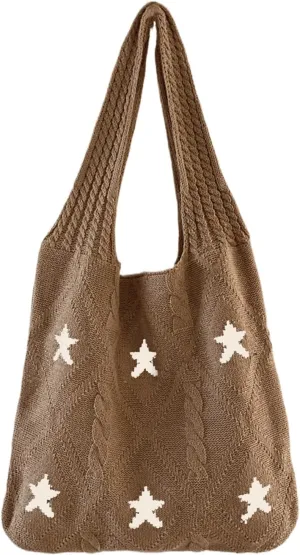 Crochet Tote Bag for Women - Star Pattern Large Capacity Knitted Handbag, Boho Woven Vocation Shoulder Bag