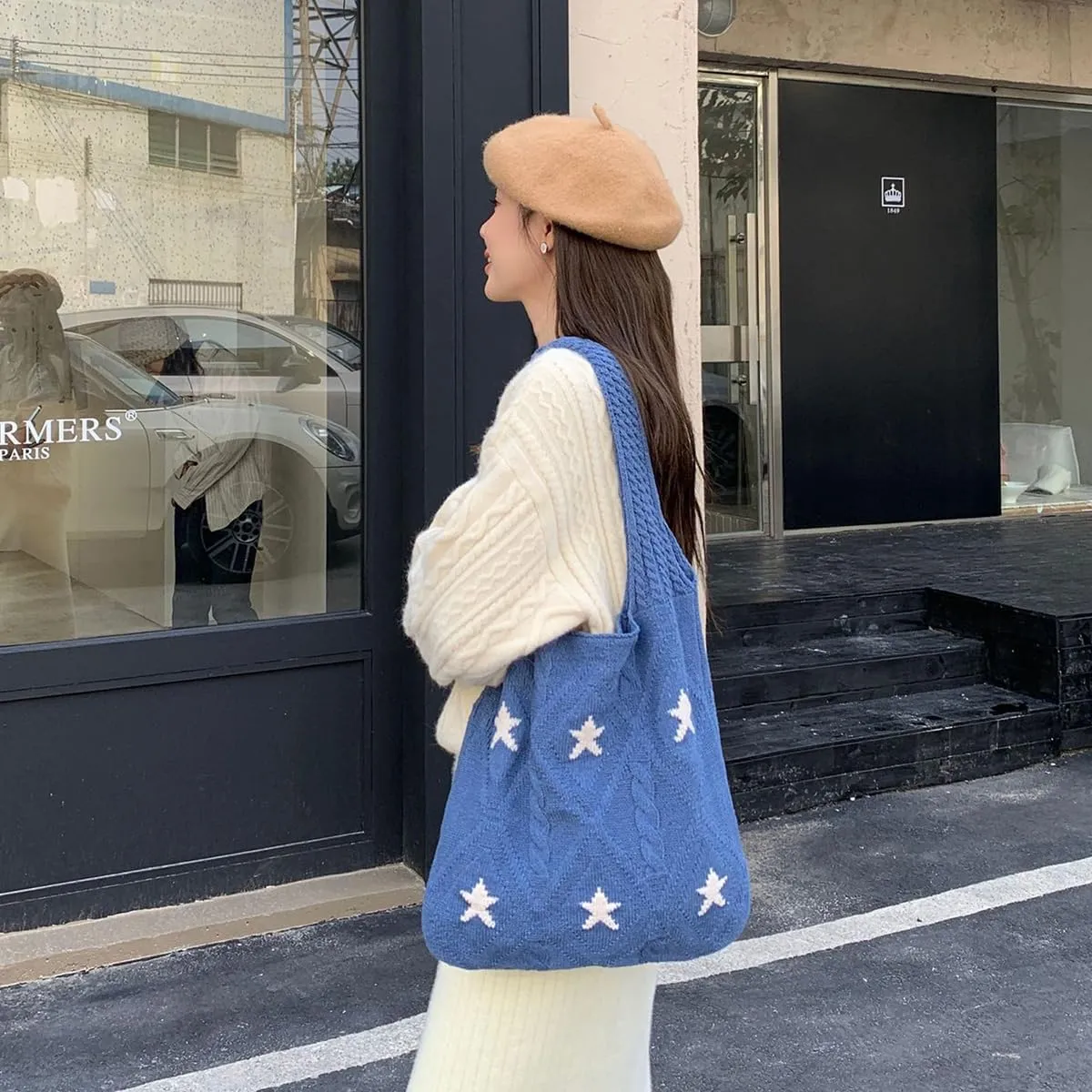 Crochet Tote Bag for Women - Star Pattern Large Capacity Knitted Handbag, Boho Woven Vocation Shoulder Bag