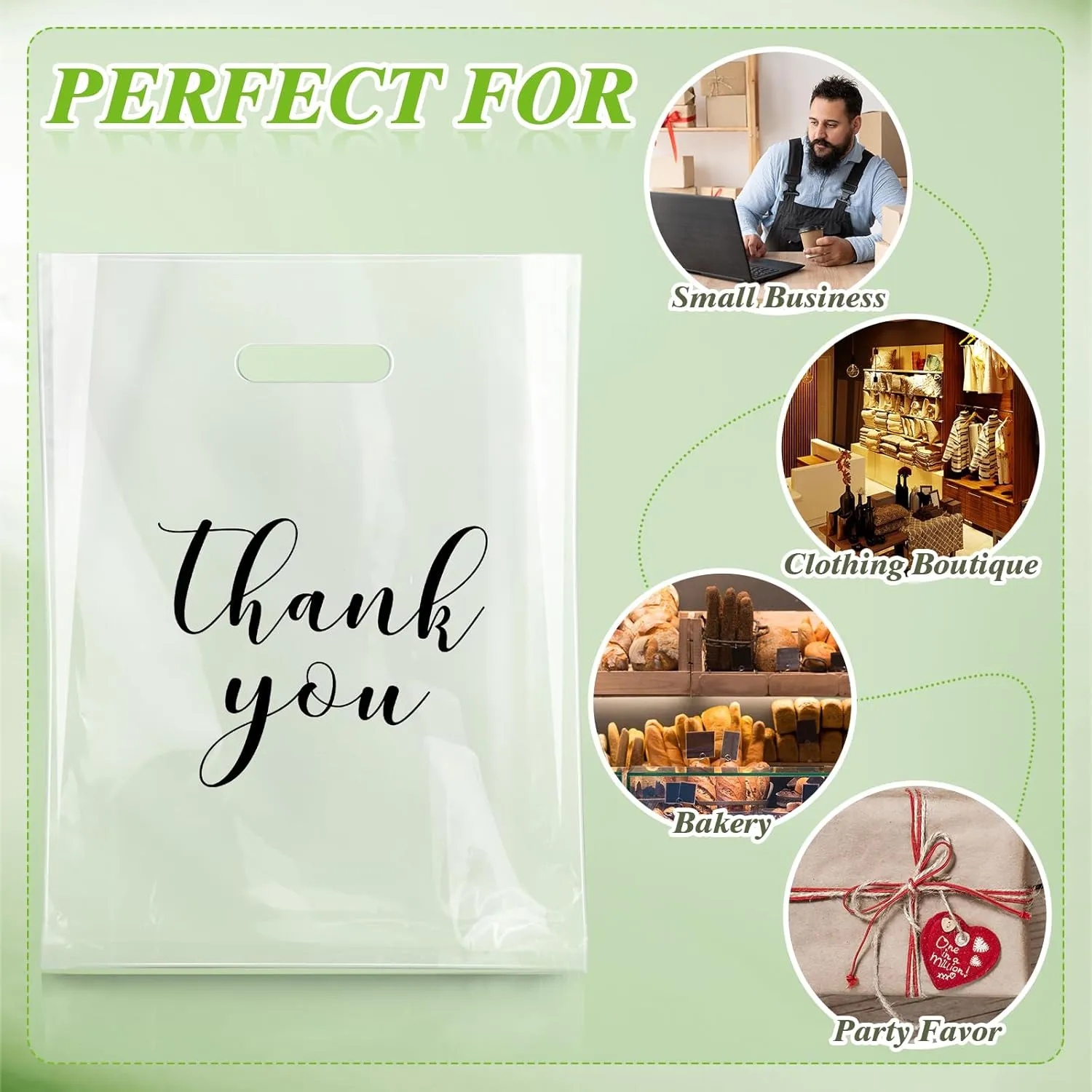Crtiin 100 Pcs Clear Merchandise Bags Thank You Shopping Bags with Die Cut Handles T Shirt Plastic Packaging for Small Business Retail Boutique Stores Gifts(15 x 18 Inch)